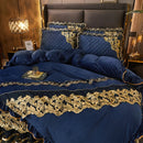GobekUsa Black Gold Lace Duvet Set, Luxury Crystal Velvet, Quilted Embroidery, Ruffle Bedding