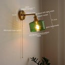 GobekUsa LED Glass Copper Wall Sconce Pull Chain Switch Lamp for Bedroom Living Room