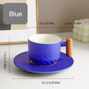 GobekUsa 130ml Blue Ceramic Retro Coffee Cup with Saucer, Wooden Handle
