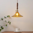 GobekUsa Amber Glass LED Pendant Light with Walnut Handle for Dining Living Room