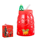 GobekUsa Christmas Tree Ceramic Mug with Lid Straw for XMAS Gift