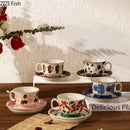 GobekUsa Ink Flowers Ceramic Cup & Saucer Set - Gold-plated Coffee Mug for Dining Table