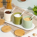 GobekUsa Japanese Retro Ceramic Seasoning Jar Set with Tray - 3-Piece Kitchen Organizer