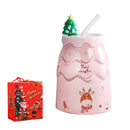 GobekUsa Christmas Tree Ceramic Mug with Lid Straw for XMAS Gift