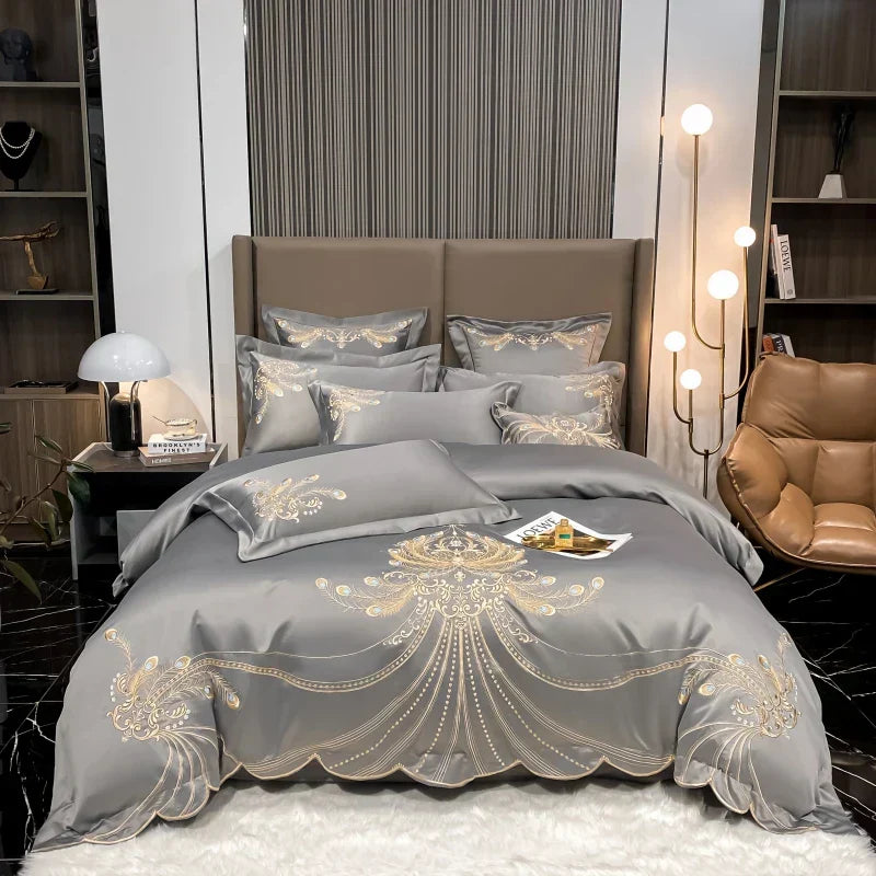 GobekUsa Gold Feather Embroidery Egyptian Cotton Patchwork Bedding Set, photo 8 of 11