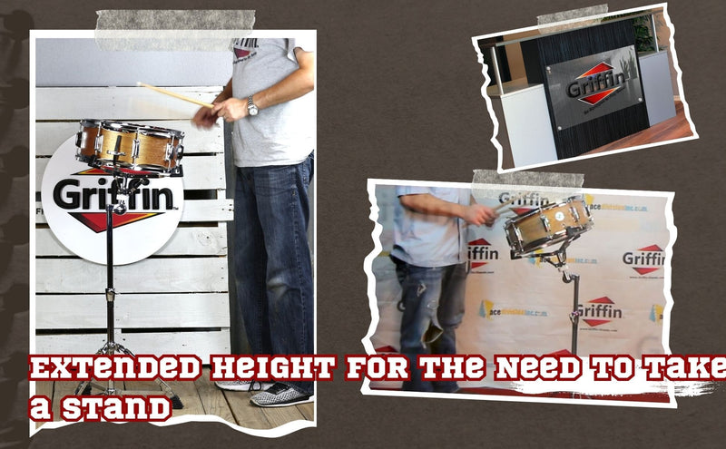 2-PACK- Concert Stand Up Snare Drum Stands by GRIFFIN | Tall Adjustable Chrome Height Stand For Drummers Percussion Practice Pads & Drums | Extended Height Drum Hardware Mount Holder With Basket Clamp