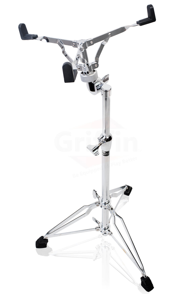 2-PACK- Concert Stand Up Snare Drum Stands by GRIFFIN | Tall Adjustable Chrome Height Stand For Drummers Percussion Practice Pads & Drums | Extended Height Drum Hardware Mount Holder With Basket Clamp