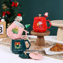 GobekUsa Christmas Ceramic Mug Set with Lid, Spoon - Festive Santa Claus & Elk Design