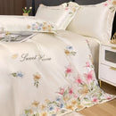 GobekUsa Flowers Embroidery Silky Duvet Set with Comforter Cover & Fitted Sheet