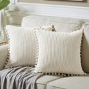GobekUsa Beige Striped Cushion Cover with Pom Pom Detail Lumbar Throw Pillow Case