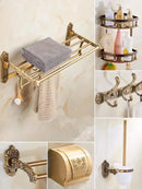GobekUsa Bronze Carved Bath Accessories Set: Shelf, Towel Rack, Paper Holder, Toilet Brush Holder