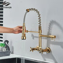 GobekUsa Gold Black Kitchen Faucet Wall Mount Pull Down Tap Dual Swivel Spouts