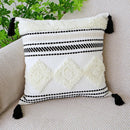 GobekUsa Boho Tufted Fringed Black White Geometry Printed 45x45cm Pillowcase
