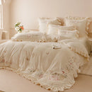 GobekUsa Butterflies & Flowers Embroidery Ruffles Princess Bedding Set - 4Pcs
