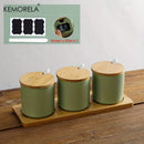 GobekUsa Japanese Retro Ceramic Seasoning Jar Set with Tray - 3-Piece Kitchen Organizer