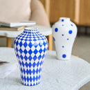 GobekUsa Blue Geometric Quilted Ceramic Vase - Polka Dots Pattern - Home Decor Craft