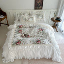 GobekUsa French Rose Flowers Pattern Bedding Set, 100% Cotton, Ruffles, Duvet Cover, Bed Skirt