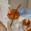 GobekUsa 450ml Striped Glass Cup with Lid and Straw, Ideal for Coffee, Juice, Milk, or Tea