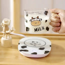 GobekUsa 13.5oz Cow Pattern Glass Mug with Spoon Lid for Student Dormitory