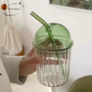 GobekUsa 450ml Striped Glass Cup with Lid and Straw, Ideal for Coffee, Juice, Milk, or Tea