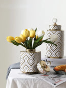 GobekUsa Geometric Golden Relief Decorative Jar - Ceramic Crystal Vase Storage Jar