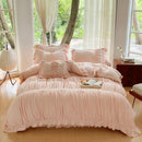 GobekUsa French Pleat Lace Ruffles Bedding Set, Velvet Fleece Duvet Cover, Embroidered Flowers