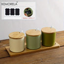 GobekUsa Japanese Retro Ceramic Seasoning Jar Set with Tray - 3-Piece Kitchen Organizer