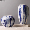 GobekUsa Blue & White Porcelain Vase: Ink Style Flowers, Aesthetic Room Decor