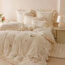 GobekUsa Butterflies & Flowers Embroidery Ruffles Princess Bedding Set - 4Pcs