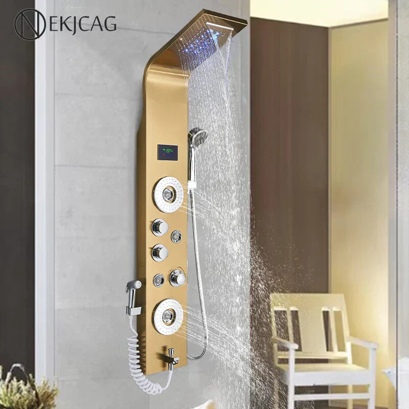 GobekUsa LED Blue Light Shower System with Temperature Display, Massage Column, Waterfall Rainfall
