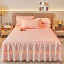 GobekUsa Cotton Lace Ruffles Quilted Bed Skirt Set with Pillowcases