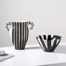 GobekUsa Black Check Geometric Striped Ceramic Vase - Handcrafted Floral Arrangement Pot