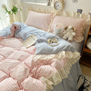 GobekUsa Korean Grid Lace Washed Cotton Bedding Set, Cozy Comforter Cover Single Double Queen