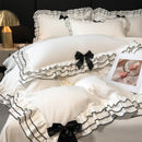 GobekUsa Korean Lace Ruffles Bedding Set with Black Bow Accent