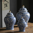 GobekUsa Blue & White Porcelain Jar with Gold Plating - Ceramic Storage & Desk Decor