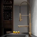 GobekUsa Brushed Gold Kitchen Faucet with Pull Down Black Spring Spout - Hot Cold Mixer