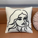 GobekUsa Lambswool Face Embroidered Cushion Cover 45x45 - Beige White Abstract Art Pillowcase