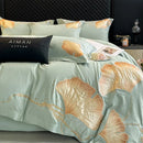 GobekUsa Gold Ginkgo Leaf Embroidery Bedding Set - 100% Cotton Luxury 4Pcs