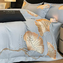 GobekUsa Gold Ginkgo Leaf Embroidery Bedding Set - 100% Cotton Luxury 4Pcs