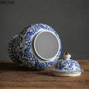 GobekUsa Blue & White Porcelain Jar with Gold Plating - Ceramic Storage & Desk Decor