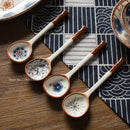 GobekUsa Japanese Vine Ceramic Spoon Set - Ins Wind Hand-painted Long Handle Dessert Spoons