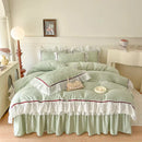 GobekUsa Lace Ruffles Bedding Set: 4pcs Solid Color Princess Quilt Cover, Bed Skirt, 100% Cotton Pillowcase