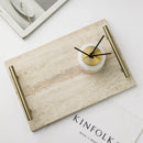 GobekUsa Beige Travertine Stone Tray with Golden Metal Handle