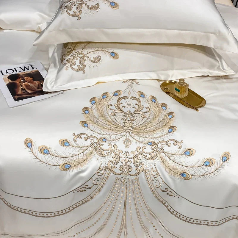 GobekUsa Gold Feather Embroidery Egyptian Cotton Patchwork Bedding Set, photo 3 of 11
