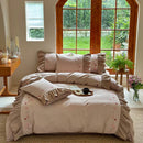 GobekUsa Korean Princess Style Embroidered Bedding Set with Pleated Ruffles in Egyptian Cotton