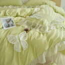 GobekUsa Korean Lace Ruffles Queen Size Duvet Cover with Bow Detail - Romantic French Design