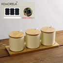 GobekUsa Japanese Retro Ceramic Seasoning Jar Set with Tray - 3-Piece Kitchen Organizer