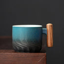 GobekUsa Gradient Glaze Ceramic Coffee Cup with Wooden Handle for Home and Office