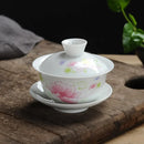 GobekUsa Lotus Hand-Drawn Gaiwan Tea Set - White Porcelain Jingdezhen Teapot Puer Cup