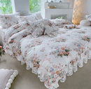 GobekUsa French Floral Print Bedding Set: Duvet Cover, Lace Ruffles, Quilted Embroidery, Pillowcases
